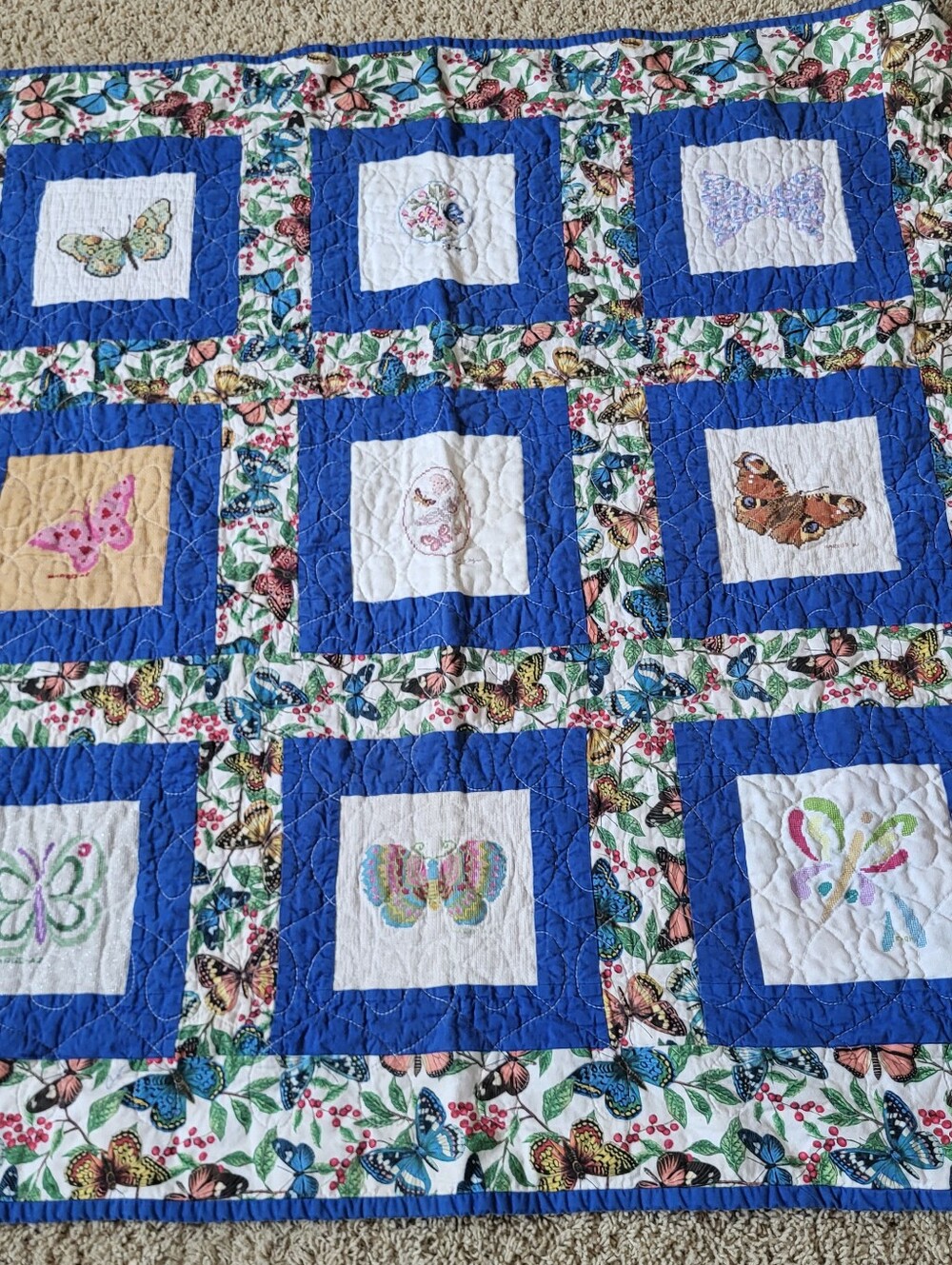 Handmade Butterfly Sampler Lap Quilt Wall Hanging 41"x41" Blue Vintage Style
